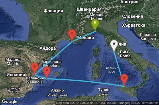 Маршрут на круиз 6 дни Италия, Испания, Франция - UP1I