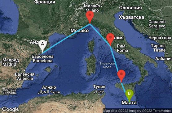 Маршрут на круиз 4 дни Испания, Италия, Малта - UPHP