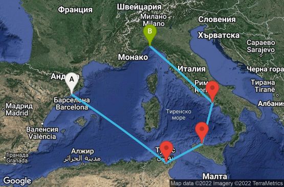Маршрут на круиз 5 дни Испания, Тунис, Италия - UOM3