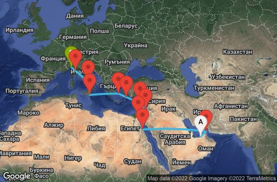 Маршрут на круиз 19 дни Обединени арабски емирства, Оман, Египет, Израел, Кипър, Гърция, Италия - UPMO