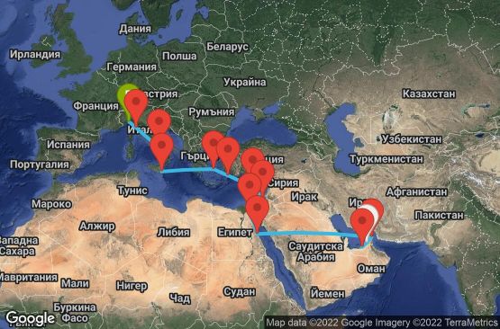 Маршрут на круиз 21 дни Обединени арабски емирства, Оман, Египет, Израел, Кипър, Гърция, Италия - UPMN