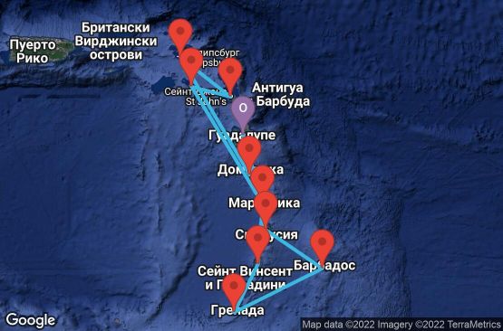 Маршрут на круиз 14 дни Гваделупа, Доминика, Холандски Антили, Антигуа и Барбуда, Сейнт Китс и Невис, Мартиника, Сейнт Лусия, Барбадос, Гренада, Сейнт Винсент и Гренадини - UPGD