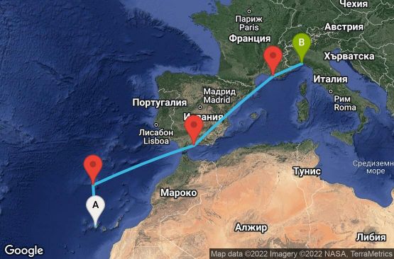 Маршрут на круиз 6 дни Испания, Португалия, Франция, Италия - UPRH