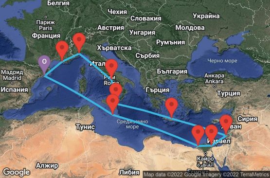 Маршрут на круиз 14 дни Испания, Франция, Италия, Гърция, Израел, Египет, Малта - BCN14095