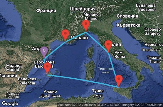 Маршрут на круиз 7 дни Испания, Италия, Франция - BCN07341