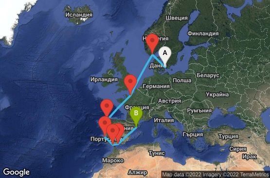 Маршрут на круиз 11 дни Дания, Норвегия, Франция, Испания, Португалия - CPH11149