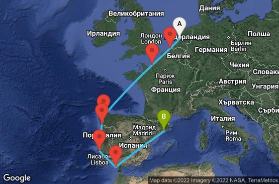 Маршрут на круиз 9 дни Холандия, Белгия, Франция, Испания, Португалия - AMS09084