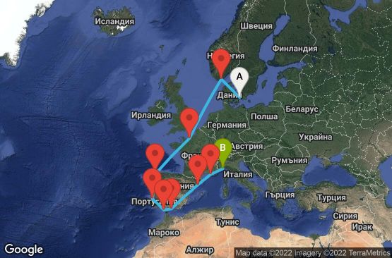Маршрут на круиз 13 дни Дания, Норвегия, Франция, Испания, Португалия, Италия - CPH13015