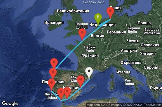 Маршрут на круиз 12 дни Испания, Португалия, Франция, Германия, Холандия - BCN12066