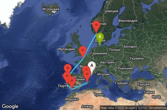 Маршрут на круиз 13 дни Франция, Испания, Португалия, Норвегия, Германия - MRS13054