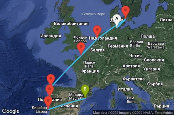 Маршрут на круиз 11 дни Германия, Дания, Холандия, Франция, Испания, Португалия - KEL11032