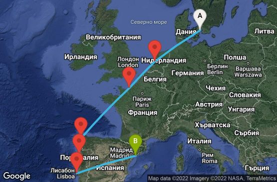 Маршрут на круиз 10 дни Дания, Холандия, Франция, Испания, Португалия - CPH10078