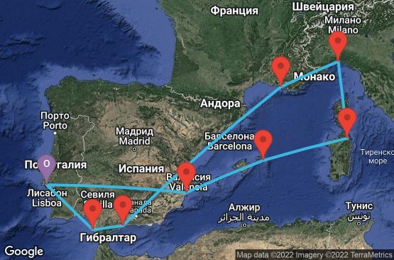 Маршрут на круиз 10 дни Португалия, Испания, Италия, Франция - UQ0G