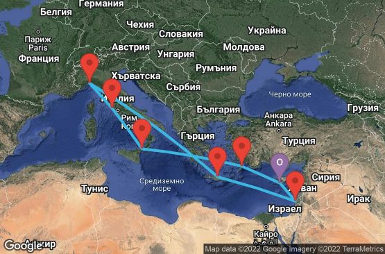Маршрут на круиз 11 дни Кипър, Израел, Гърция, Италия - UQ22