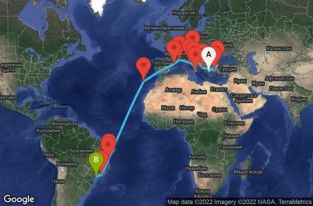 Маршрут на круиз 27 дни Гърция, Турция, Италия, Франция, Испания, Португалия, Бразилия - UQ80