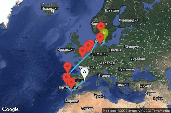 Маршрут на круиз 13 дни Испания, Португалия, Франция, Белгия, Холандия, Дания, Германия - TRG13005