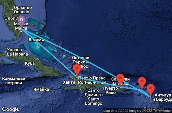 Маршрут на круиз 8 дни САЩ, Антигуа и Барбуда, Холандски Антили, Пуерто Рико, Хаити - 08D076