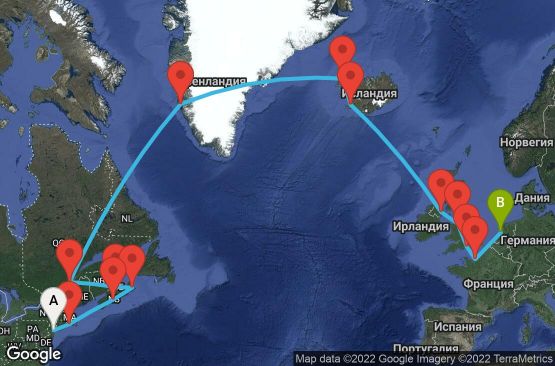 Маршрут на круиз 31 дни САЩ, Канада, Гренландия, Исландия, Великобритания, Франция, Холандия - UQLG