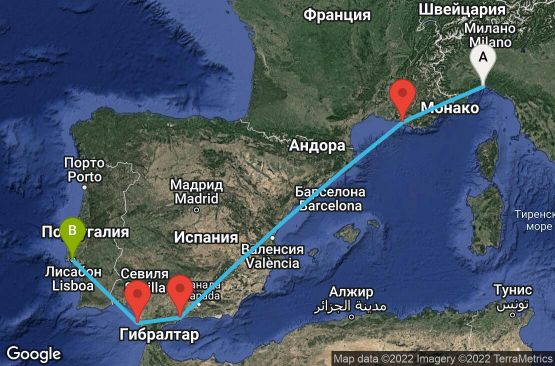 Маршрут на круиз 5 дни Италия, Франция, Испания, Португалия - UQ08