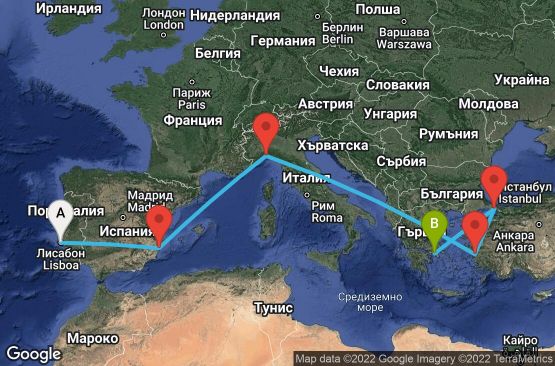 Маршрут на круиз 11 дни Португалия, Испания, Италия, Турция, Гърция - UQ4T