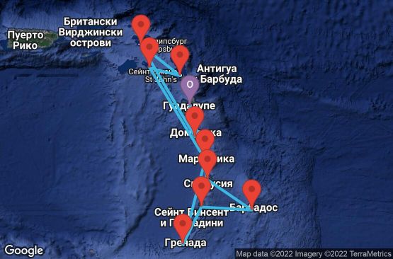 Маршрут на круиз 14 дни Гваделупа, Сейнт Лусия, Барбадос, Сейнт Винсент и Гренадини, Гренада, Мартиника, Доминика, Холандски Антили, Антигуа и Барбуда, Сейнт Китс и Невис - UQPB