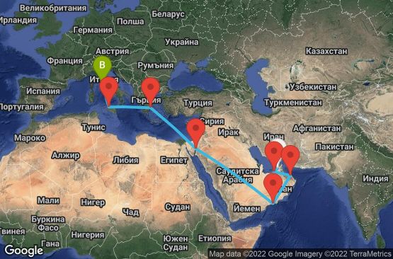 Маршрут на круиз 19 дни Обединени арабски емирства, Оман, Йордания, Гърция, Италия - DXB19A01