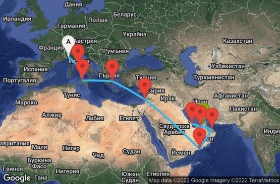 Маршрут на круиз 19 дни Италия, Гърция, Израел, Оман, Катар, Обединени арабски емирства - SVN19A01