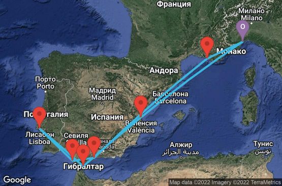 Маршрут на круиз 10 дни Италия, Франция, Испания, Португалия, Гибралтар - SVN10A00