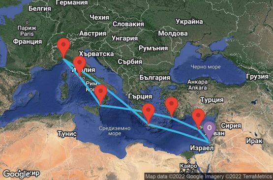 Маршрут на круиз 11 дни Израел, Гърция, Италия, Кипър - UQYE