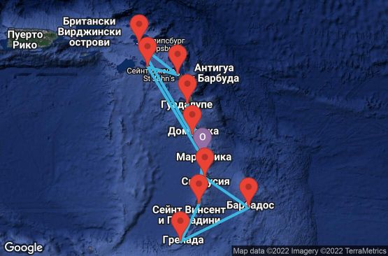 Маршрут на круиз 14 дни Мартиника, Гваделупа, Сейнт Лусия, Барбадос, Гренада, Сейнт Винсент и Гренадини, Доминика, Холандски Антили, Антигуа и Барбуда, Сейнт Китс и Невис - UPGP