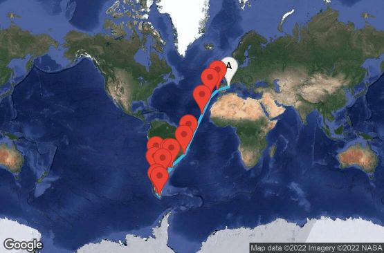 Маршрут на круиз 34 дни Испания, Португалия, Кабо Верде, Бразилия, Аржентина, Уругвай, Чили - UOTF