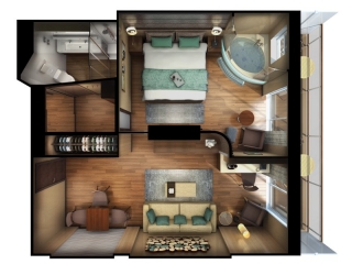 Описание на каюта The Haven Deluxe апартамент с балкон - HD на круизен кораб Norwegian Escape – обзавеждане, площ