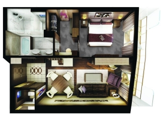 Описание на каюта The Haven Owner's Suite - Супер-луксозен апартамент - H3 на круизен кораб Norwegian Escape – обзавеждане, площ
