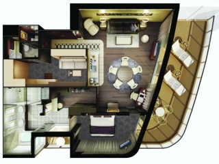 Описание на каюта The Haven Deluxe Owner's Suite - Супер-луксозен апартамент - H2 на круизен кораб Norwegian Escape – обзавеждане, площ