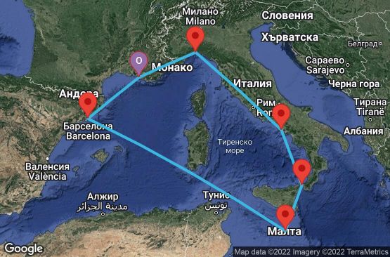 Маршрут на круиз 7 дни Франция, Италия, Малта, Испания - UMRK
