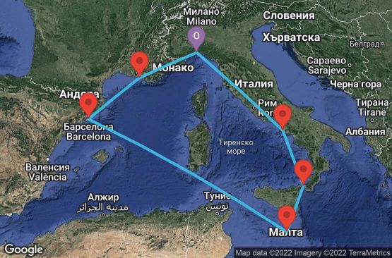 Маршрут на круиз 7 дни Италия, Малта, Испания, Франция - UMQL