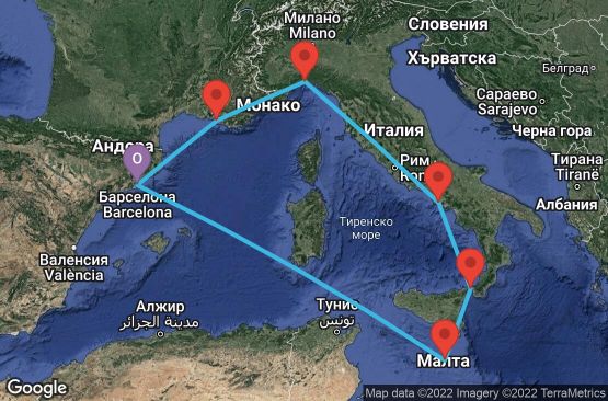 Маршрут на круиз 7 дни Испания, Франция, Италия, Малта - UMSX
