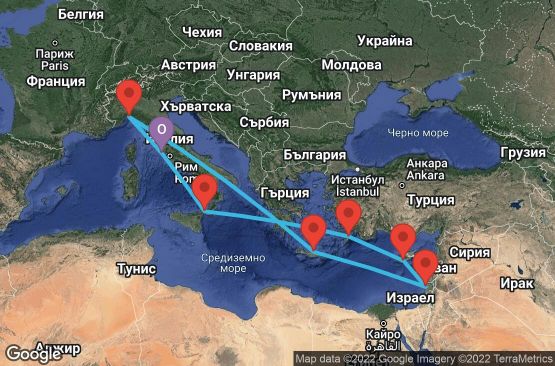 Маршрут на круиз 11 дни Италия, Гърция, Кипър, Израел - UOH6