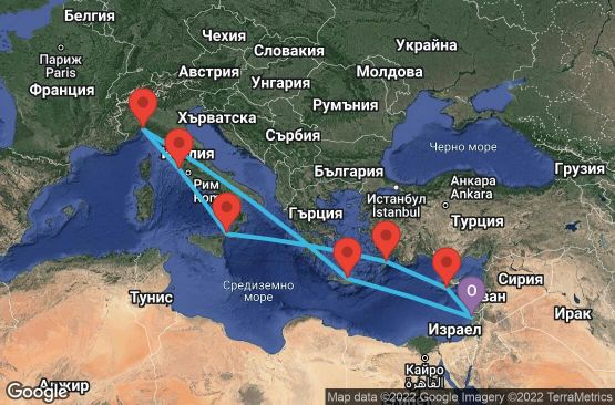 Маршрут на круиз 11 дни Израел, Гърция, Италия, Кипър - UOH2