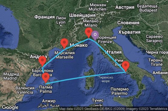 Маршрут на круиз 7 дни Италия, Испания, Франция - URIE