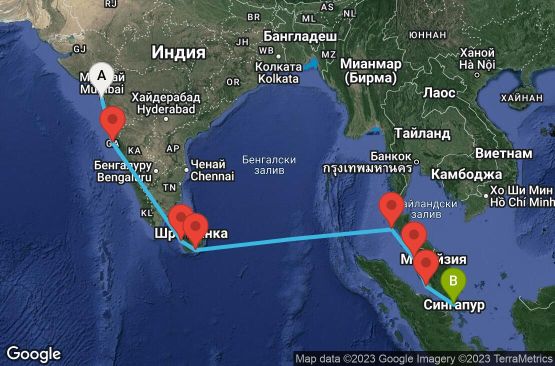 Маршрут на круиз 12 дни Индия, Шри Ланка, Тайланд, Малайзия, Сингапур - 12R037