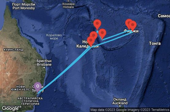 Маршрут на круиз 14 дни Австралия, Нова Каледония, Фиджи, Вануату - 14K114