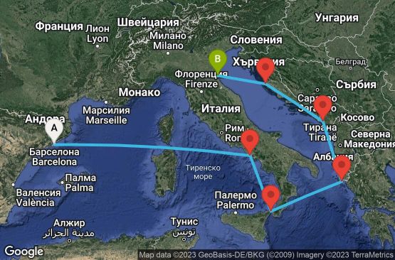 Маршрут на круиз 7 дни Испания, Италия, Гърция, Черна гора, Хърватска - 07M727