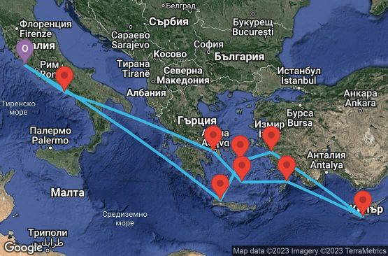 Маршрут на круиз 12 дни Италия, Гърция, Кипър, Израел - 12M633