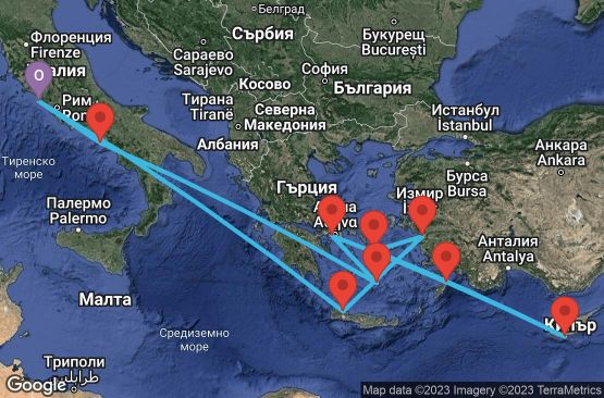 Маршрут на круиз 12 дни Италия, Гърция, Израел, Кипър - 12M634