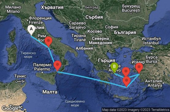 Маршрут на круиз 7 дни Италия, Гърция, Турция - 07M734