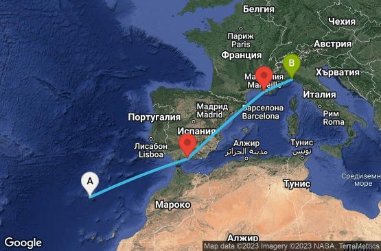 Маршрут на круиз 5 дни Португалия, Испания, Франция, Италия - URX5
