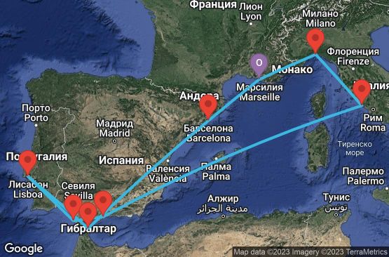Маршрут на круиз 10 дни Франция, Испания, Гибралтар, Португалия, Италия - UR04