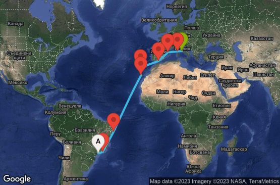 Маршрут на круиз 18 дни Бразилия, Испания, Португалия, Франция, Италия - US6V