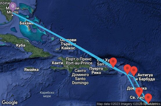 Маршрут на круиз 10 дни САЩ, Вирджински острови (САЩ), Антигуа и Барбуда, Барбадос, Сейнт Лусия, Сейнт Китс и Невис - 10D069